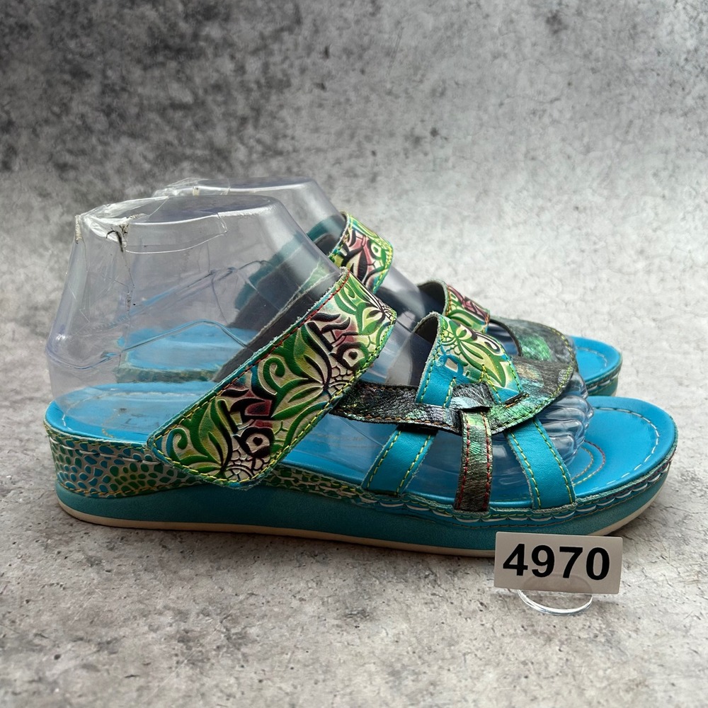 L'Artiste Caiman Slide Sandals Women Size 38 US 7.5-8 Blue Multi Floral Leather